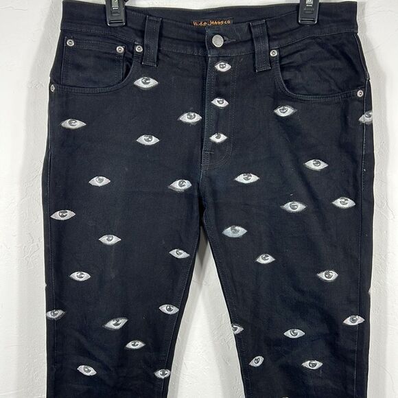 👁️👁️ NUDIE JEANS CO. Black Denim “EYE” Graphic Jeans - RARE - Sz 32 - *READ* - Picture 2 of 14